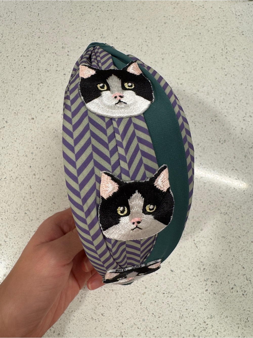 Embroidered Cat Headband in Teal and Purple